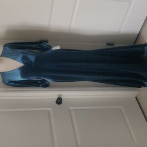 Donna Karan Stretch velvet empire Eve maxi dress Peacock Blue 3/4 Sleeve Retro